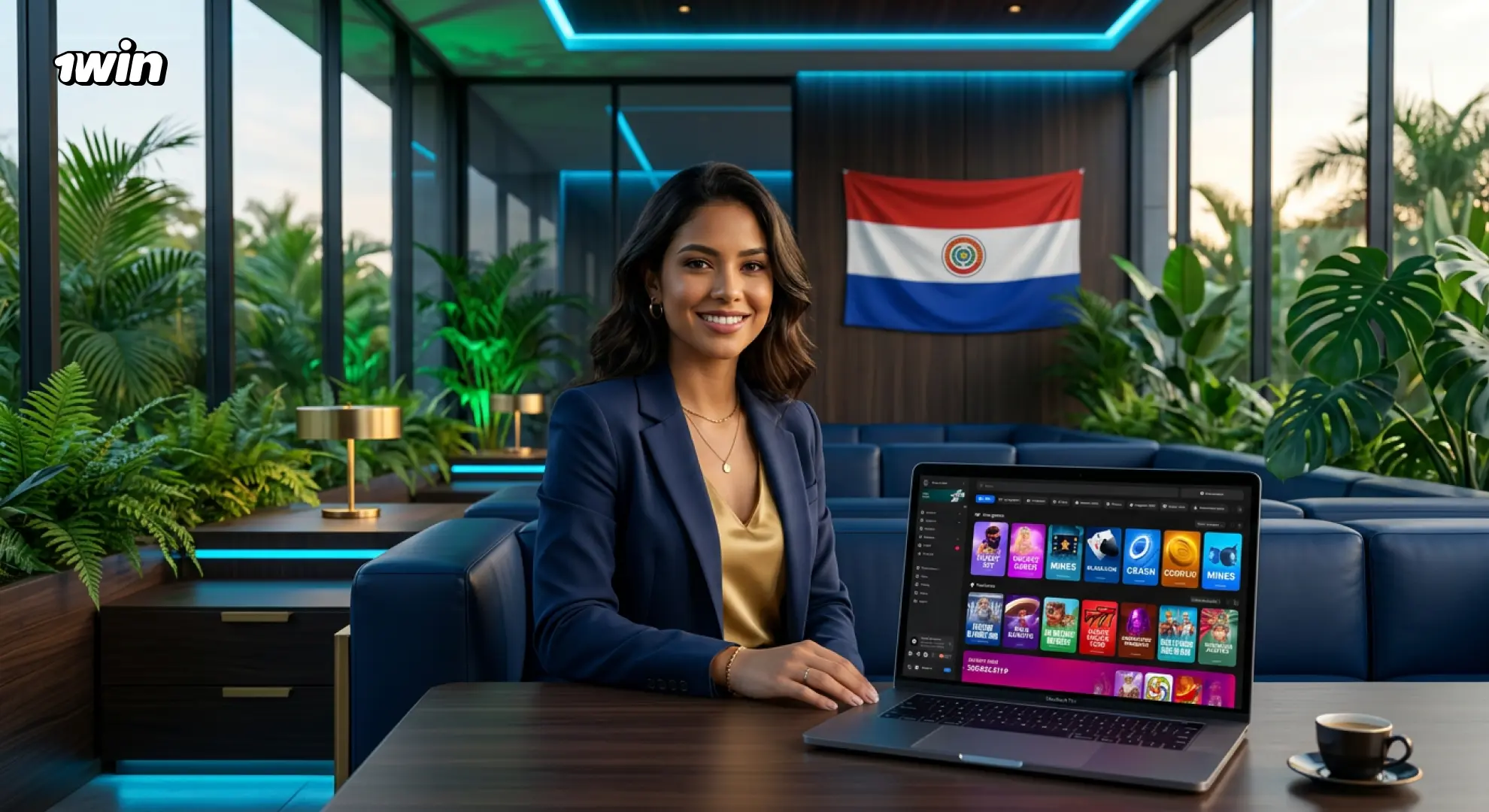 Mujer paraguaya usando la plataforma 1win en notebook con la bandera de Paraguay de fondo